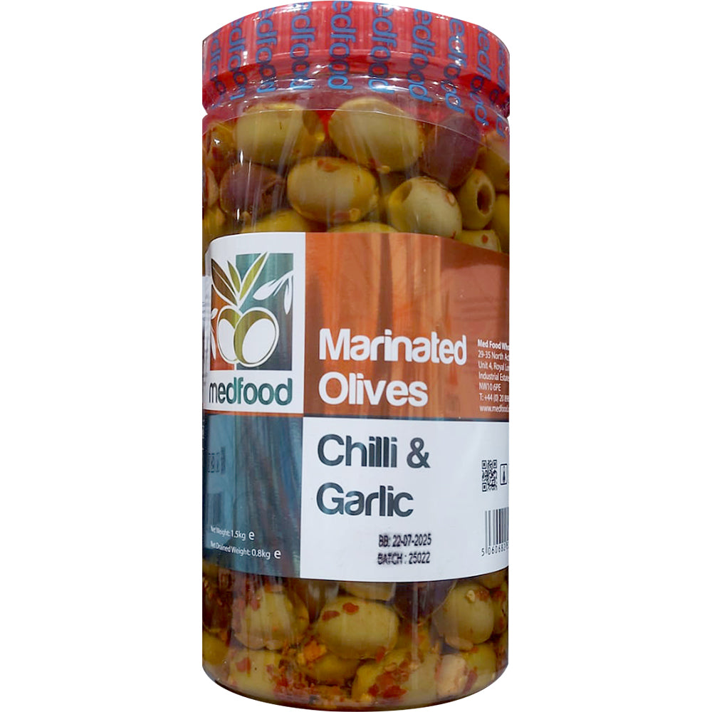 Medfood Marinated Olives Chilli & Garlic Pet 1.5Kg