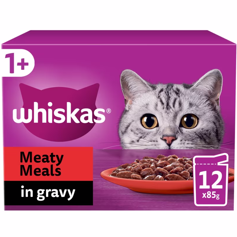 Whiskas 1+ Meaty Meals Adult Wet Cat Food Pouches in Gravy 12x85g