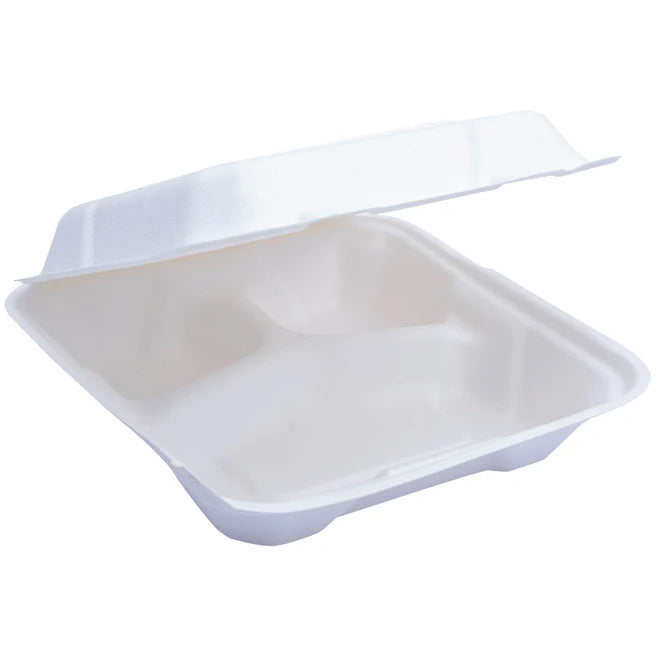Natural Leaf Bagasse Meal Box 3 Comp White (8") 2x100Pcs