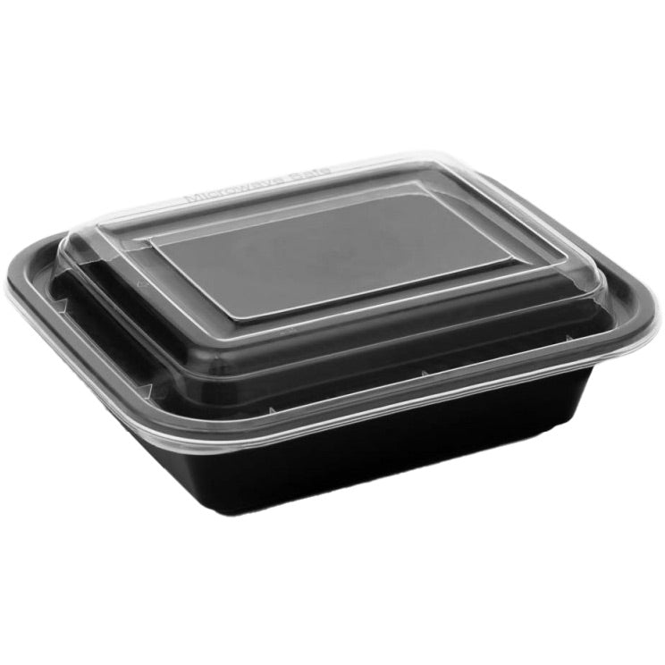 Microwaveable Black Base 32Oz Rectangular Tray With Clear Lid 150Pcs