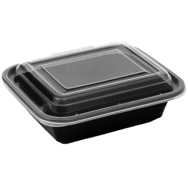 Microwaveable Black Base 38Oz Rectangular Tray With Clear Lid 150Pcs