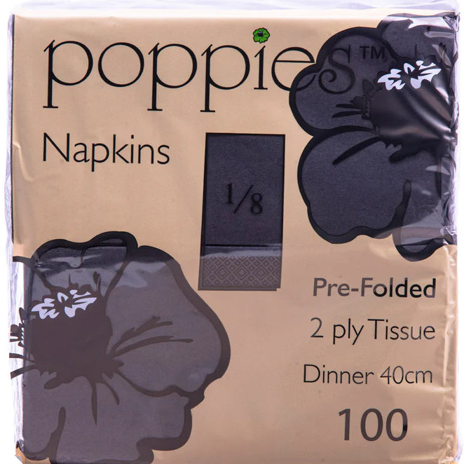 Poppies Napkins (Black) 2Ply 8 Fold (40X40cm) (100Pcs)